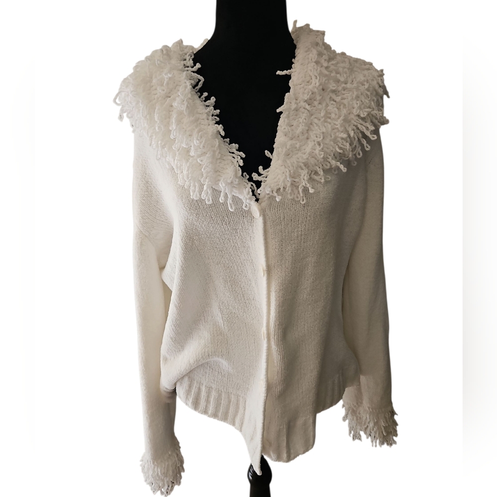 Sarah Bentley Vintage Creme white fringe collar cardigan Size Large